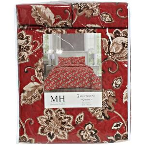 Manhattan Heights 3 Piece Queen Quilt Set w Shams Victorian Floral Red Taupe